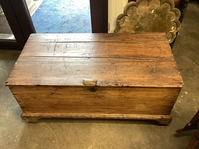 Lot 1414 - Old pine trunk with side handles, 104cm wide, 54cm deep, 43cm high