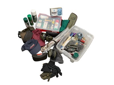 Lot 549 - Two boxes of various shooting accessories to include gun cleaning kits, Musto hat, cleaning oils and other items (2 boxes).