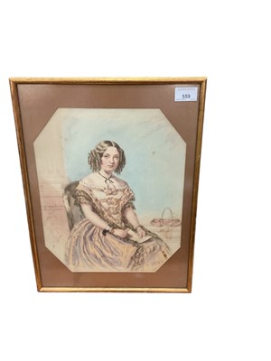 Lot 559 - Victorian watercolour portrait of a seated lady, signed M. Tekish?, dated 1853.