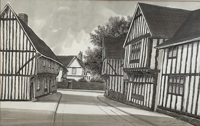 Lot 202 - John Sabry (1914-2006) monochrome watercolour of Lavenham, signed and dated '78, 32cm x 50cm, glazed frame