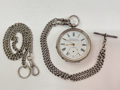 Lot 1145 - Silver cased 'Acme Lever" pocket watch by H. Samuel, Manchester, on silver watch chain, together with one other plated watch chain