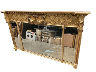 Lot 1444 - Regency style gilt overmantel mirror , with swag fries and three bevelled plates within columns, 80 x 132cm