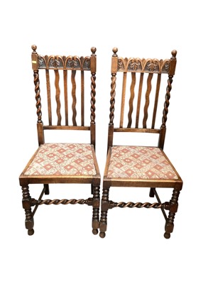 Lot 1279 - Pair of 1920's oak dining chairs with spiral twist supports