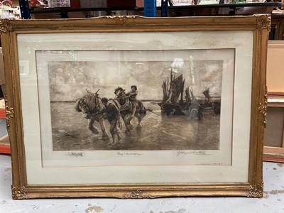 Lot 116 - George Hillyard Swinstead, 'Steady! When the boats come in', engraving, artist's proof on vellum, signed; Arthur Elsley, signed print of a girl and her pet dog, and a Victorian watercolour (3)