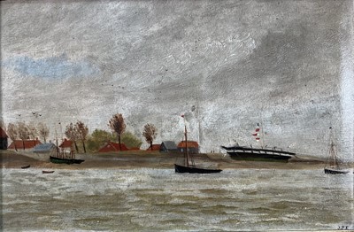 Lot 150 - 19th century naive oil on panel, boats by the shore, 21cm x 33cm, in moulded gilt frame