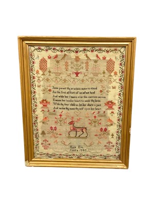 Lot 2111 - Early Victorian needlework sampler, Maria Eve 1845. Opposing embroidered birds, trees, baskets of fruit, crowns