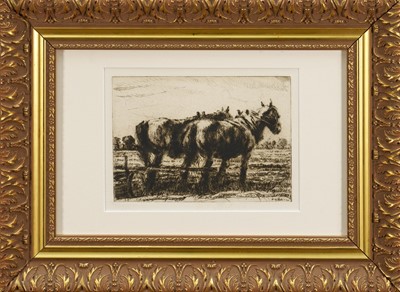 Lot 962 - Harry Becker (1865-1928) etching - Pair of Plough Horses, 14cm x 19cm, in glazed gilt frame