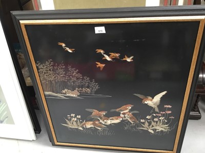 Lot 616 - Pair Chinese embroidered panels , early 20th century, decorated with birds in a naturalistic setting, framed and glazed (2)