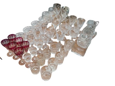 Lot 585 - Set of six large Waterford crystal wine glasses, six bohemian ruby flashed cut glass wine glasses and various other cut glass items.
