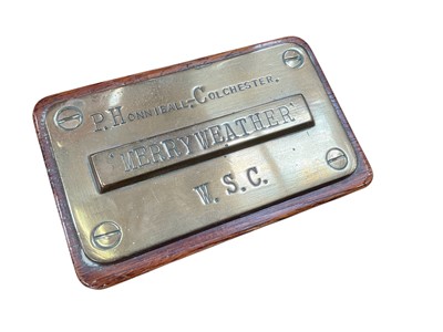 Lot 590 - Colchester interest- brass plaque 'P. Honniball Colchester, Merryweather, W.S.C.'