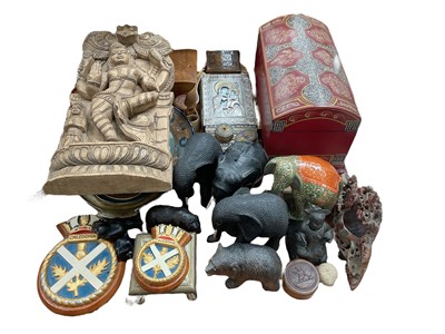 Lot 591 - Quantity of miscellaneous items to include carved wooden elephants, religious icon, ships crests, soapstone carving and other items.