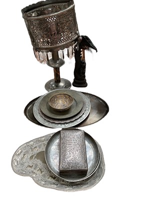 Lot 593 - Group of miscellaneous Middle Eastern and other metalwares to include cigarette box, lamp and other items.