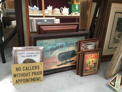Lot 610 - Collection of framed decorative prints and greeting cards, a door sign and two mirrors