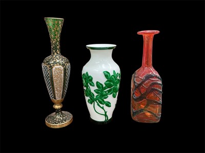 Lot 829 - 19th century Bohemian cut and heavily gilt green cameo glass vase, together with an opaque and green overlay glass vase and a Mdina glass vase (3)
