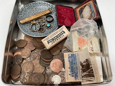 Lot 373 - Group of coins, pencil and thermometer in a gold plated holder, other bijouterie and sundries