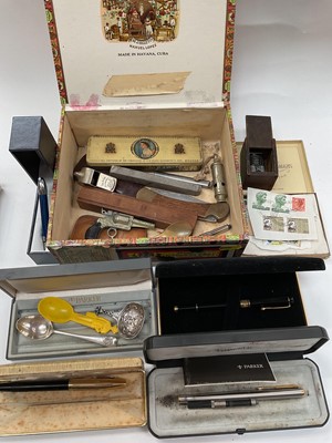 Lot 374 - Group of pens, silver teaspoon, penknife, whistles and other sundries