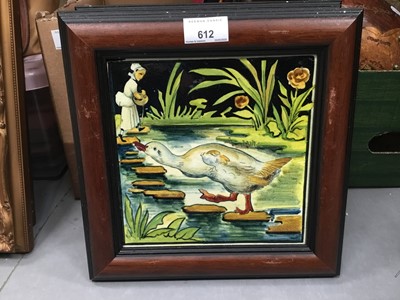 Lot 612 - Four decorative framed tiles, early 20th century, 27cm x 27cm square overall (4)