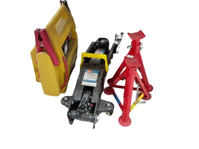 Lot 625 - Trolley Jack, axels stands and battery boost pack.