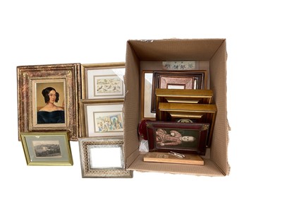 Lot 630 - Group of pictures and prints including a oil on board portrait of a woman.