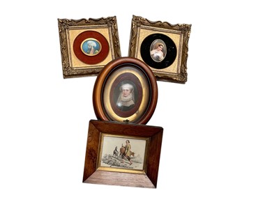 Lot 632 - Indian school portrait miniature on ivory, together with two painted porcelain plaques and a watercolour in rosewood frame.