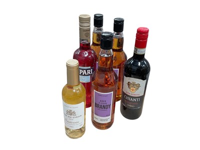 Lot 633 - Group of six bottles of wine and brandy.