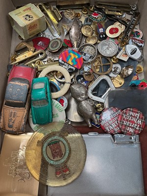 Lot 375 - Collection of various badges and pins etc, plated cigarette case and other sundries