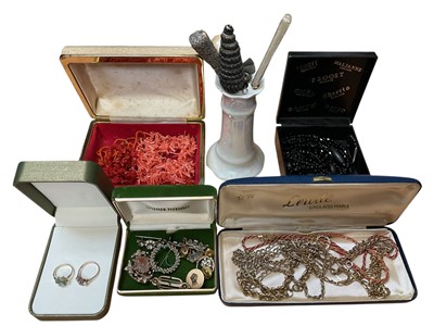 Lot 43 - Group of vintage costume jewellery including coral necklaces, two silver gilt gem set rings, gold plated chains, hat pins etc