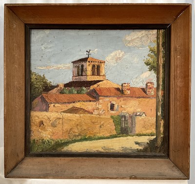 Lot 181 - Continental school oil on board of a church, 41cm x 49cm, framed