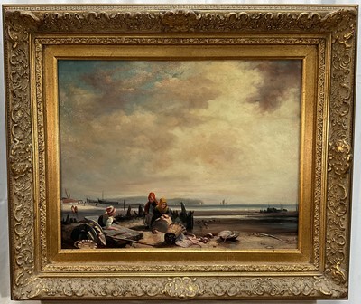 Lot 179 - Continental school oil on canvas of fisherwomen at shore, 38cm x 48.5cm, in gilt frame
