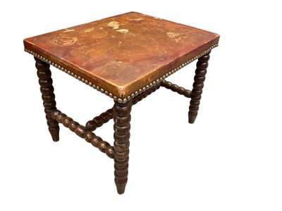 Lot 1477 - Victorian bobbin turned stool / occasional table with leather top.