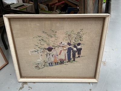 Lot 645 - Tapestry of children in Edwardian dress and two framed Persian design panels (3).