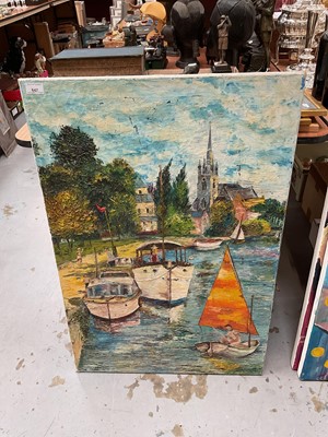 Lot 647 - Oil on canvas- boats on a river.