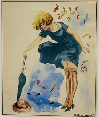 Lot 186 - Art Deco advertising watercolour of a lady on a windy day signed E Asselmeyer 1925