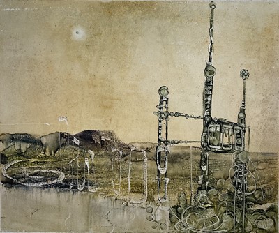 Lot 182 - 1970's Science Fiction painting marked on reverse Alpha base