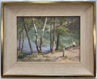 Lot 185 - Alen Stenhouse Gourley (1909-1991) oil on board, child by a lake, inscribed verso, 25cm x 34cm, in gilt frame