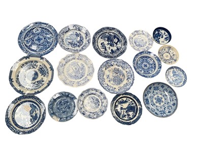 Lot 897 - Group of early 19th century English blue and white transfer printed plates, including Spode, Ridgway, Jones, etc, and one 18th century Chinese