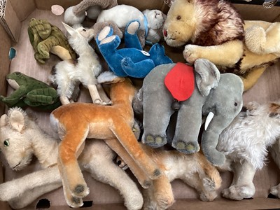 Lot 1811 - Steiff mohair toys, various sizes including Elephant, lion, Llama, goat, rabbit, deer, fox, frogs, etc, items have ear tags, chest tags and remains of chest tag fixing. (11)