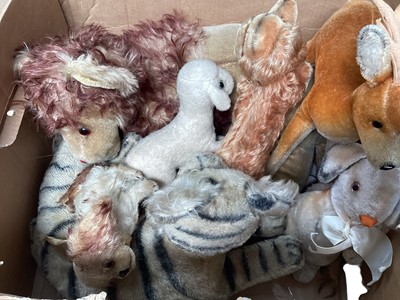 Lot 1813 - Large mohair laying lion possible Bombo Anker Germany, other mohair toys include small lion deer, fox glove puppet, rabbit, Steiff lamb missing button but left ear has evidence of button