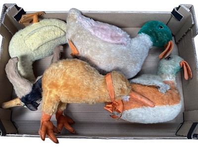 Lot 1815 - Mohair toys including two musical ducks, another duck, Chad Valley kiwi and terrier.