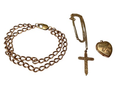 Lot 4 - 9ct gold double curb link chain bracelet, 9ct gold cross pendant on 9ct gold chain and 9ct gold heart shaped locket