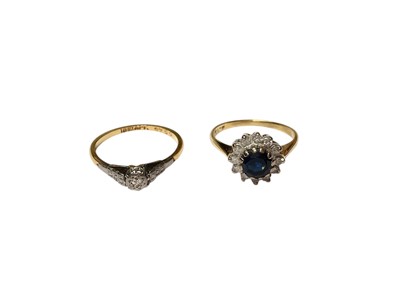 Lot 5 - 18ct gold diamond single stone ring in platinum setting and 18ct gold gem set cluster ring (2)