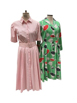 Lot 2096 - Group of 1950's womens clothing including red swing skirt with scottie dog, button through cotton print day dress, pink strapless dress plus to black cocktail dresses.