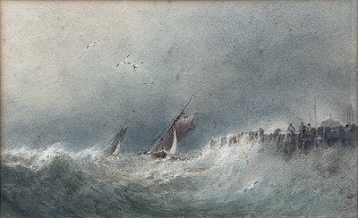 Lot 139 - English School, 19th century watercolour, Fishing vessels approaching a pier with overcast skies, signed, 12cm x 22cm, framed