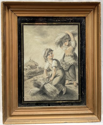 Lot 138 - Follower of John Russell, pastel, gathering in the wheat, 27cm x 20cm, in verre eglomise frame