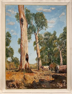 Lot 135 - Australian school, oil on canvas, gum trees with figure and cow, 53cm x 40cm, unframed