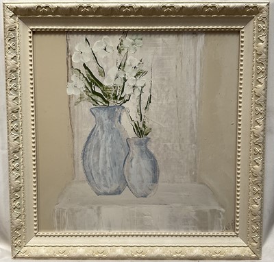 Lot 136 - English school, oil on board, flowers in two vases, indistinctly signed in pencil, 38cm x 38cm, framed