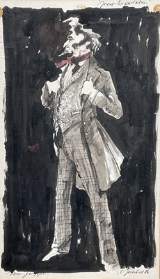 Lot 269 - Tim Goodchild, (20th century) - pair mixed media portraits of Dickens characters, 'Mr Jaggers', and 'Mr Pumblechook', signed and dated, both approx 29cm x 49cm, framed and glazed