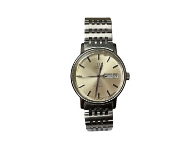 Lot 177 - Omega Automatic stainless steel wristwatch with a champagne coloured dial, applied baton markers and date/date aperture in a stainless steel case, 34mm diameter on an Omega stainless steel strap ...