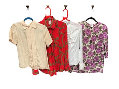 Lot 2100 - Vintage tops and blouses including hydrangea print cotton tunic with pockets, white frill front blouse , Italian red silk equestrian print shirt, embroidered blouses etc.