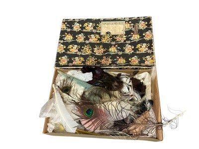 Lot 2101 - Box of milliners' vintage feathers plus 1950's Harvey Nichols black feather half hat and two other feather hats / headbands.